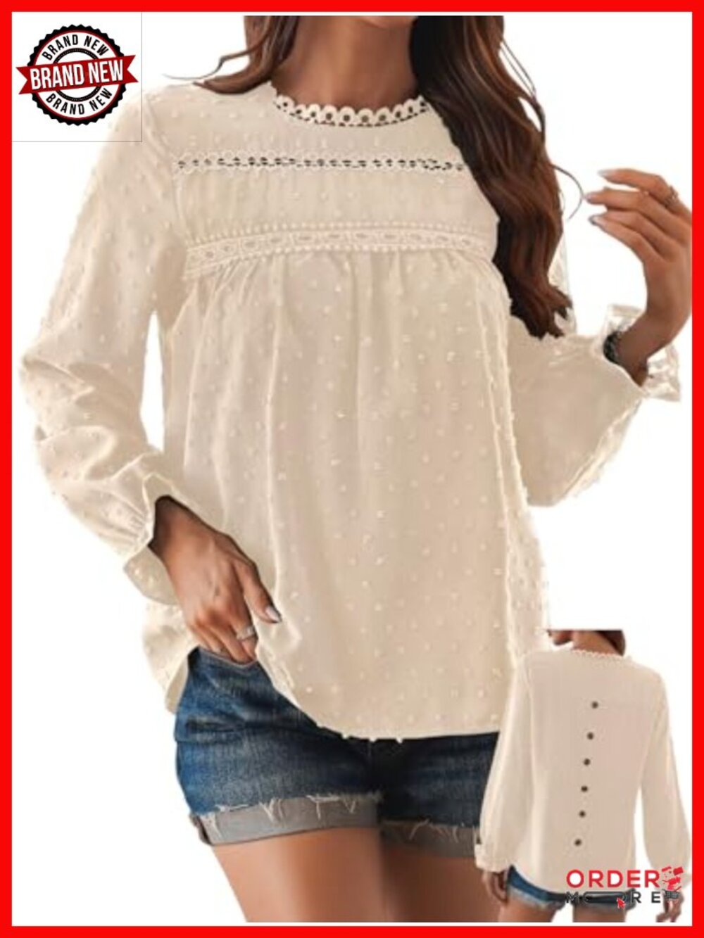 Swiss Dot Crochet Hollow Peasant Top Long Sleeve Blouse